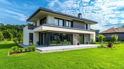 Modern two-story house with large windows and green lawn scenery
