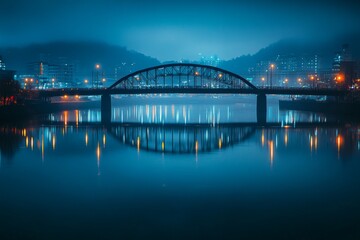Fototapeta premium Night view of a lit blue bridge reflecting on water