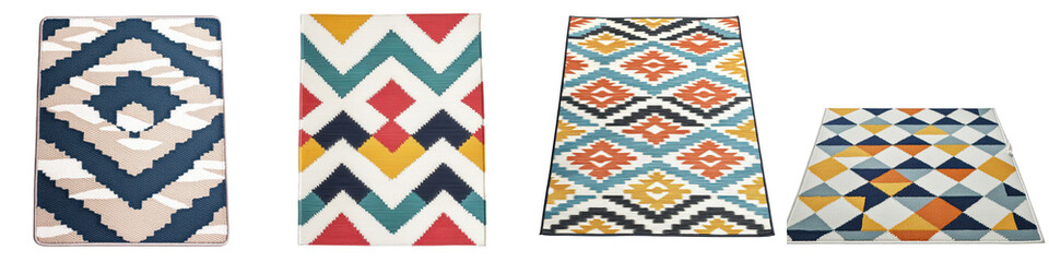 Fototapeta premium Colorful and vibrant geometric patterned textile and rug designs featuring traditional and modern motifs like chevrons stripes and tribal elements for use in home decor interior design