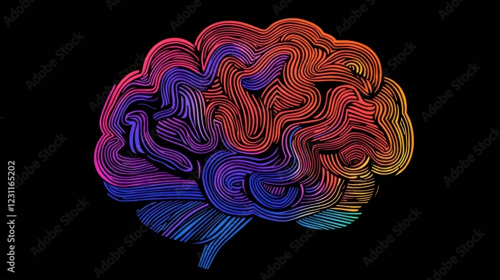 Poster colorful abstract brain design with flowing lines on black background