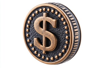 Coin with a dollar sign in close-up on a white background