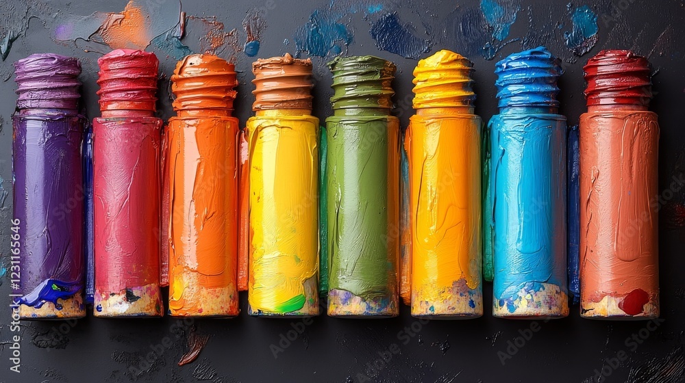 Poster rainbow spectrum of colorful paint tubes in organized rows creating a vibrant display