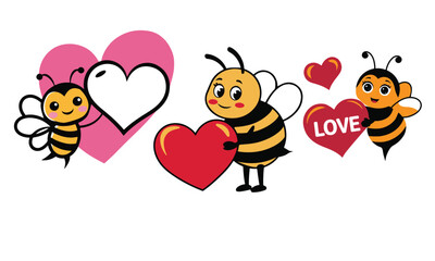 Valentine cute bee cartoon and heart sign symbol on white background vector illustration.