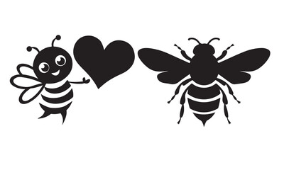 Valentine cute bee silhouette cartoon and heart sign symbol on white background vector illustration.