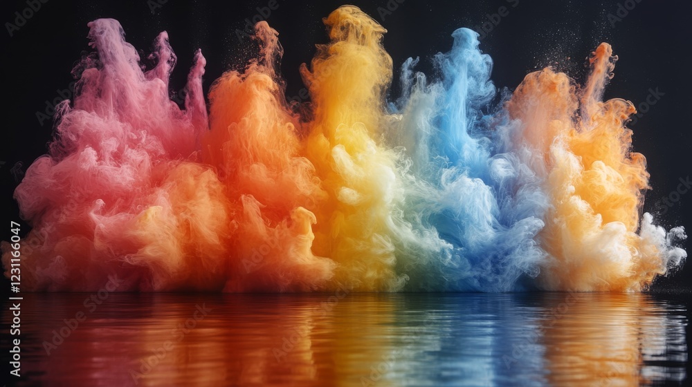 Poster colorful symphony: a vibrant array of abstract paint sprays in harmonious patterns