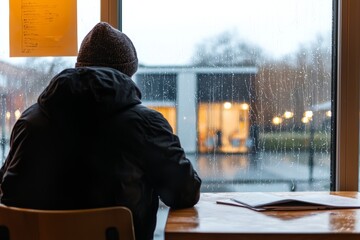  A lone student sits by the window, their breath fogging up the glass. They wipe it away just