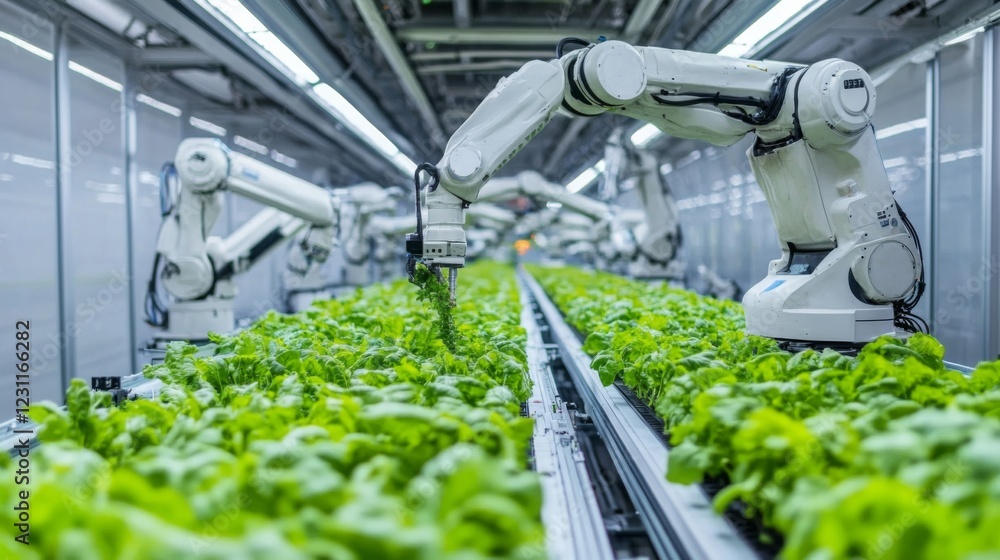 Poster automated vertical farming with robots harvesting green lettuce