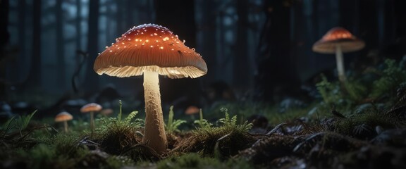 Fototapeta premium Soft luminescence of a glowing mushroom in the dark, unusual, peculiar