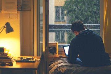  A lone student sits by the window, their breath fogging up the glass. They wipe it away just