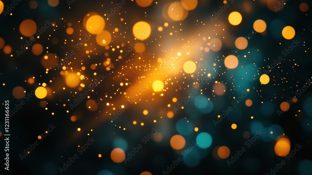 Poster abstract background with bokeh lights, orange and teal glowing circles create a magical, celebratory