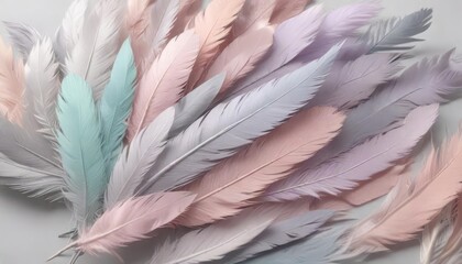 Soft pastel feathers in a gradient effect against a light grey background , peaceful, pastel colours, ethereal