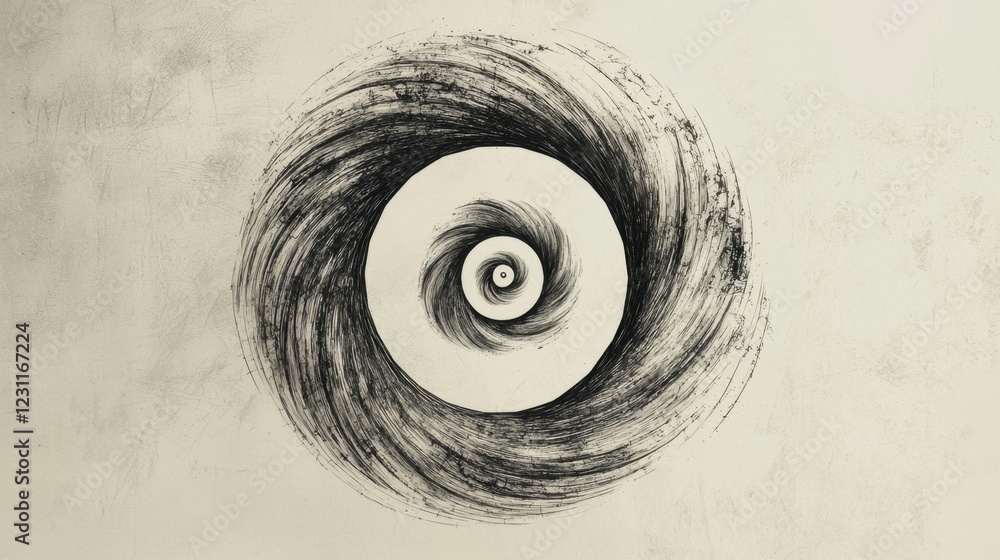Poster abstract black and white spiral design with circular patterns and depth