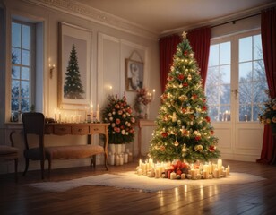 sparkling Christmas tree in a room filled with candles and flowers, sophisticated, christmas tree, sparkles