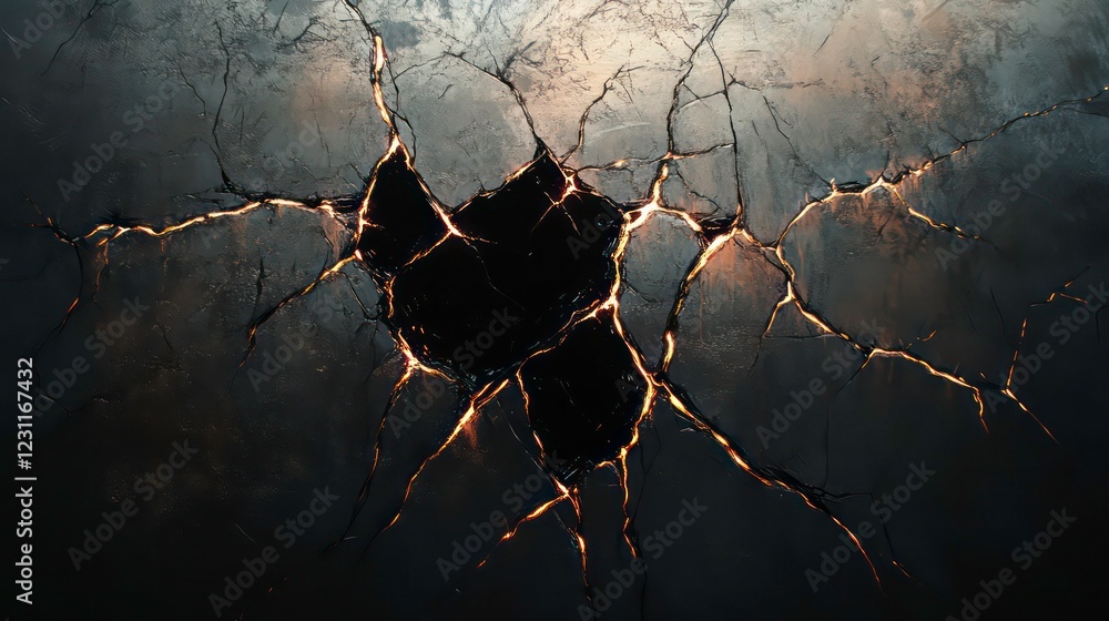 Poster close-up of a black void breaking through a wall, jagged fissures illuminated by mysterious light