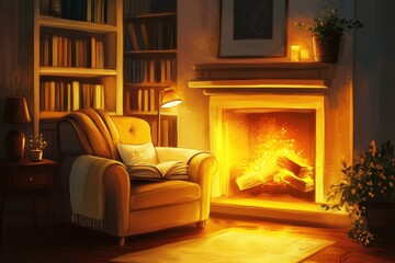 Cozy Fireplace Room With Book And Chair