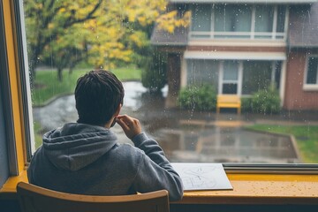 Fototapeta premium A student sits by the window, tracing patterns on the foggy glass