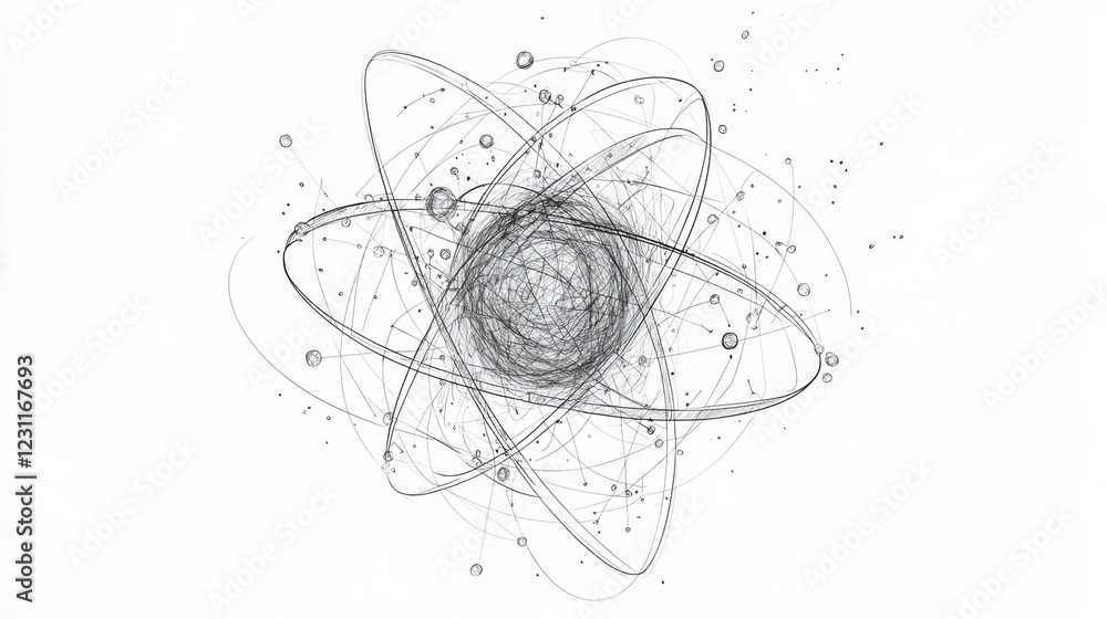 Poster abstract atomic model with lines and dots on a white background