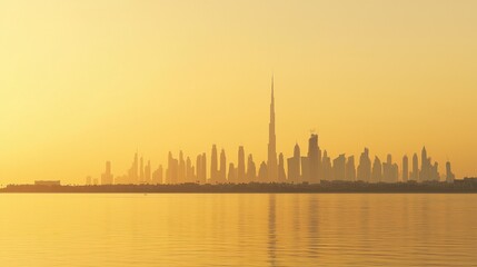 Fototapeta premium Stunning Sunset Over Dubai Skyline with Reflections in Calm Water