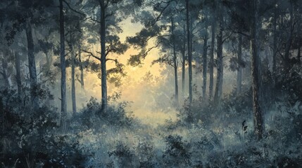 Serene Sunrise Illuminates Misty Forest Path