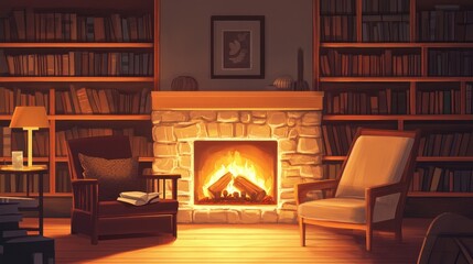 Cozy Library Fireplace Scene With Two Armchairs and Bookshelves