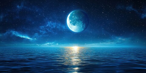 Large blue moon is in the sky above a calm ocean