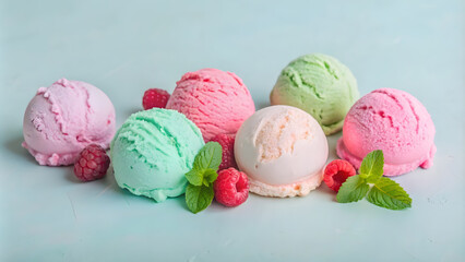 Assorted ice cream scoops with raspberries on light background.