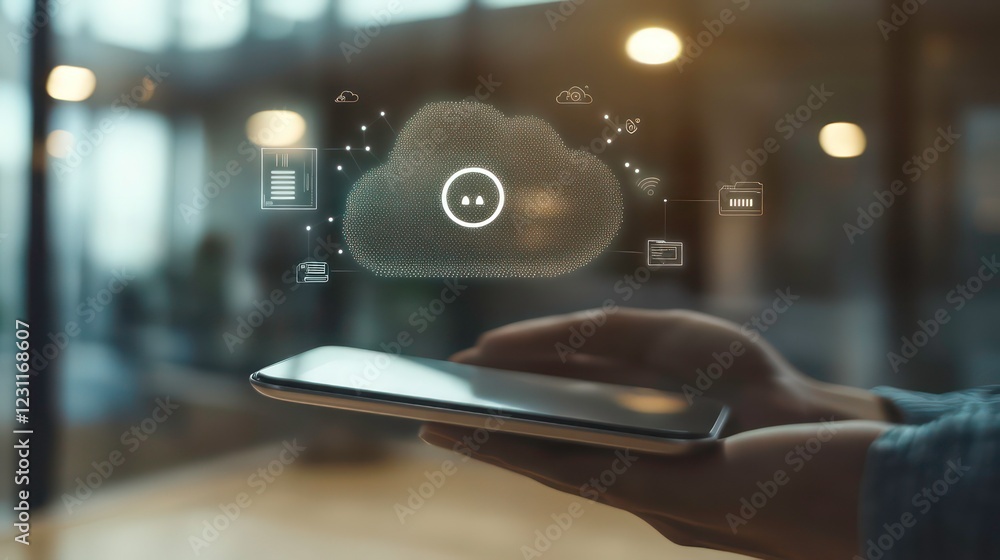Poster cloud technology concept with digital tablet on human hand and virtual projection with different clo
