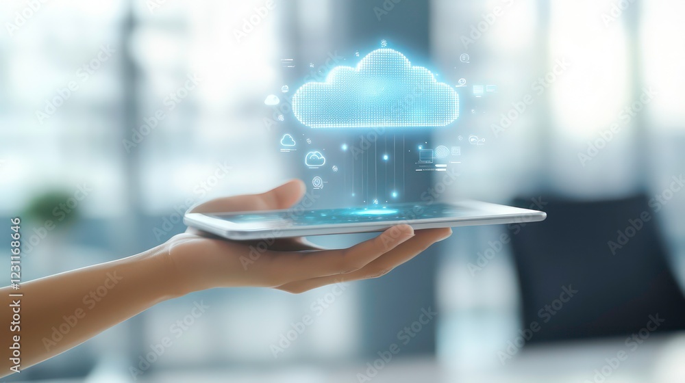 Poster cloud technology concept with digital tablet on human hand and virtual projection with different clo