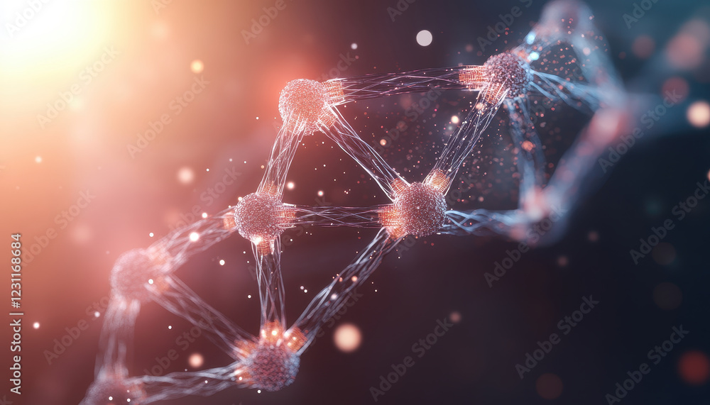 Poster abstract artistic representation of dna computing, showcasing intricate connections and glowing node