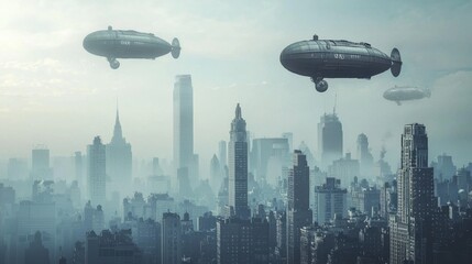 Obraz premium Futuristic Cityscape with Airships Floating Above Urban Skyline