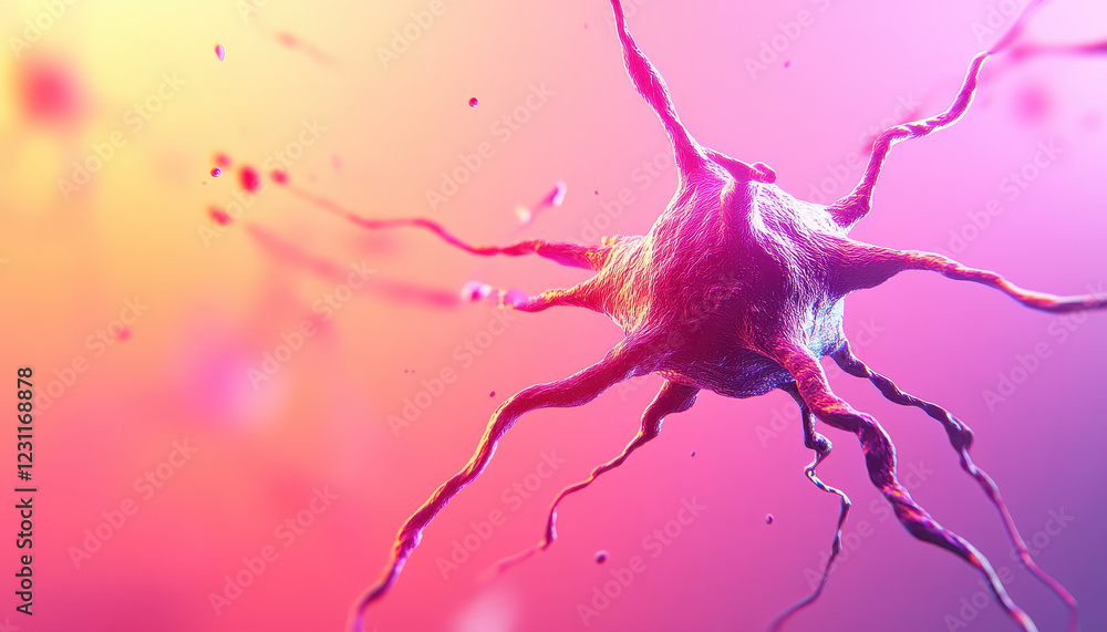 Poster vibrant digital representation of neuron, showcasing intricate connections and colorful background. 