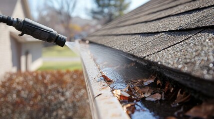 Gutter Cleaning with High-Pressure Water Hose Outdoors in Daylight