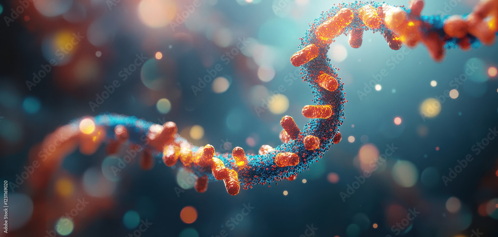 Poster abstract representation of protein synthesis showcasing colorful molecular structures and dynamic ba
