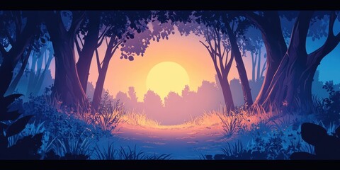 Serene Sunset Forest Path Magical Evening Landscape
