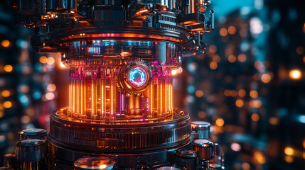 Close-up of an intricate glowing energy reactor with orange and blue light, representing advanced futuristic technology.
