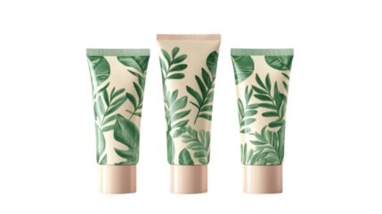 Three cosmetic tubes showing different sides with tropical leaf pattern on transparent background