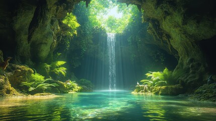 Obraz premium Enchanted Waterfall Cave: A Serene Oasis