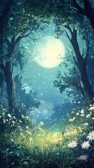 Obraz premium Enchanting Moonlit Forest Meadow With Daisies