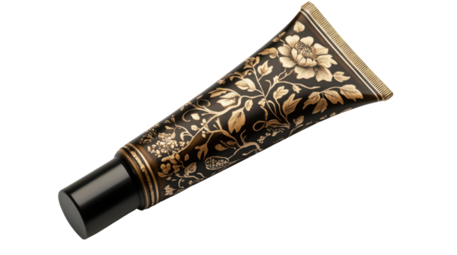 Black and gold floral cosmetic tube with transparent background