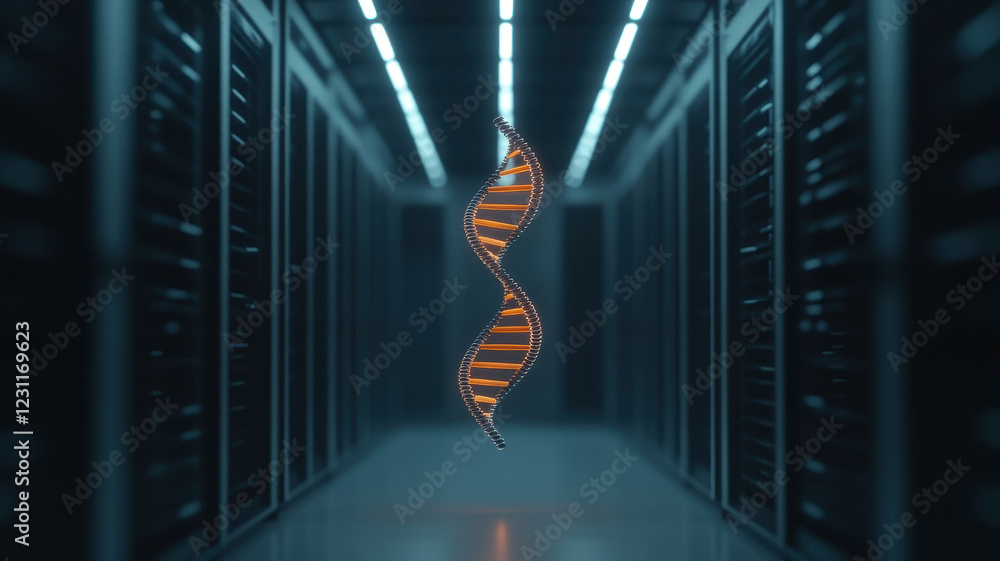 Aufkleber digital double helix dna structure floating in high tech server room, symbolizing advanced technolog