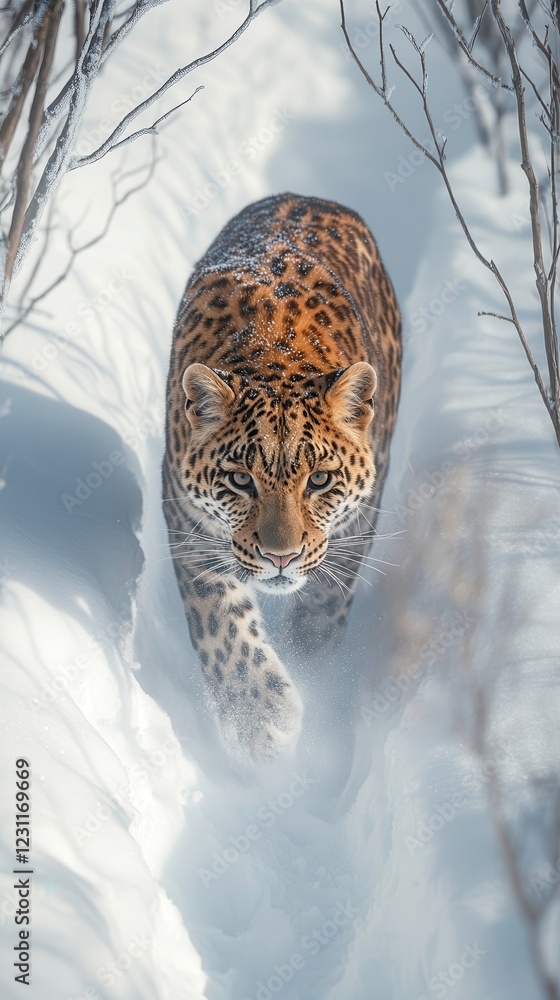 Poster critically endangered amur leopard stalks through siberian snow, blending with shadows of bare trees
