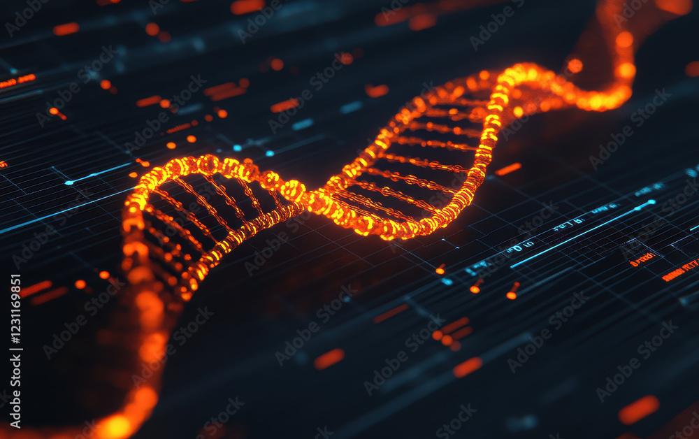 Poster holographic interface displaying complex dna sequence with vibrant orange strands and digital elemen