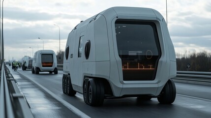 White Autonomous Vehicles Convoy on Grey Highway Under Overcast Sky