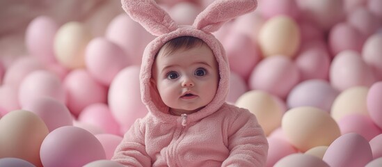 Fototapeta premium Baby bunny Easter eggs photoshoot