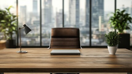 Obraz premium Empty modern office desk with leather chair, laptop, plants, and lamp. Ideal for concepts of business, success, and workspace.