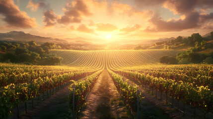 Naklejka premium A serene vineyard landscape at sunset, showcasing rows of grapevines and hills.