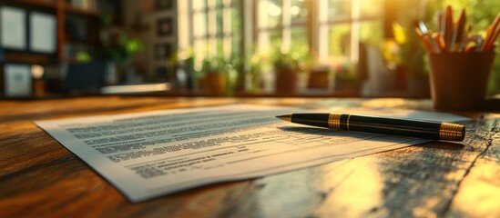Contract document with pen on wooden desk, sunlight.