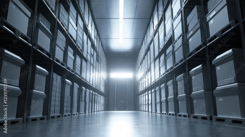 Poster dimly lit storage facility with rows of boxes, emphasizing organization and space efficiency