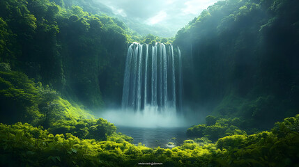 A serene waterfall surrounded by lush greenery and misty ambiance.