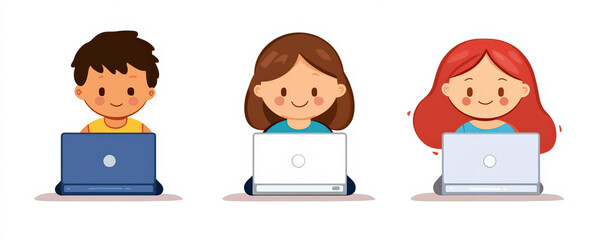 Three children happily using laptops, representing online learning and digital interaction in a colorful, cartoonish style.
